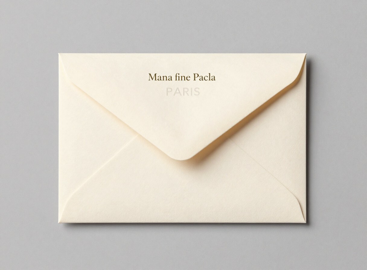 Cream envelope with a printed brand mark on the flap