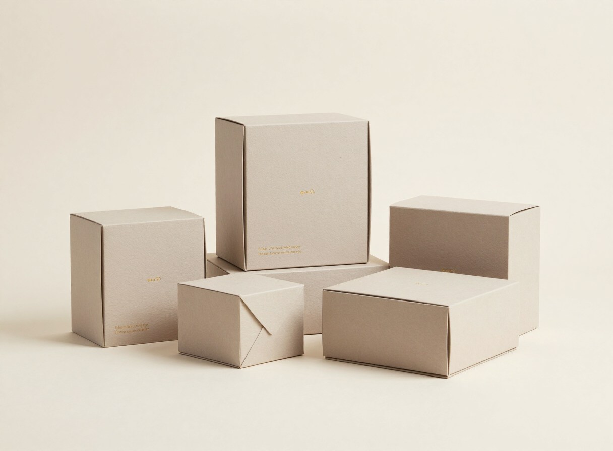 Group of plain beige packaging boxes on a warm neutral ground