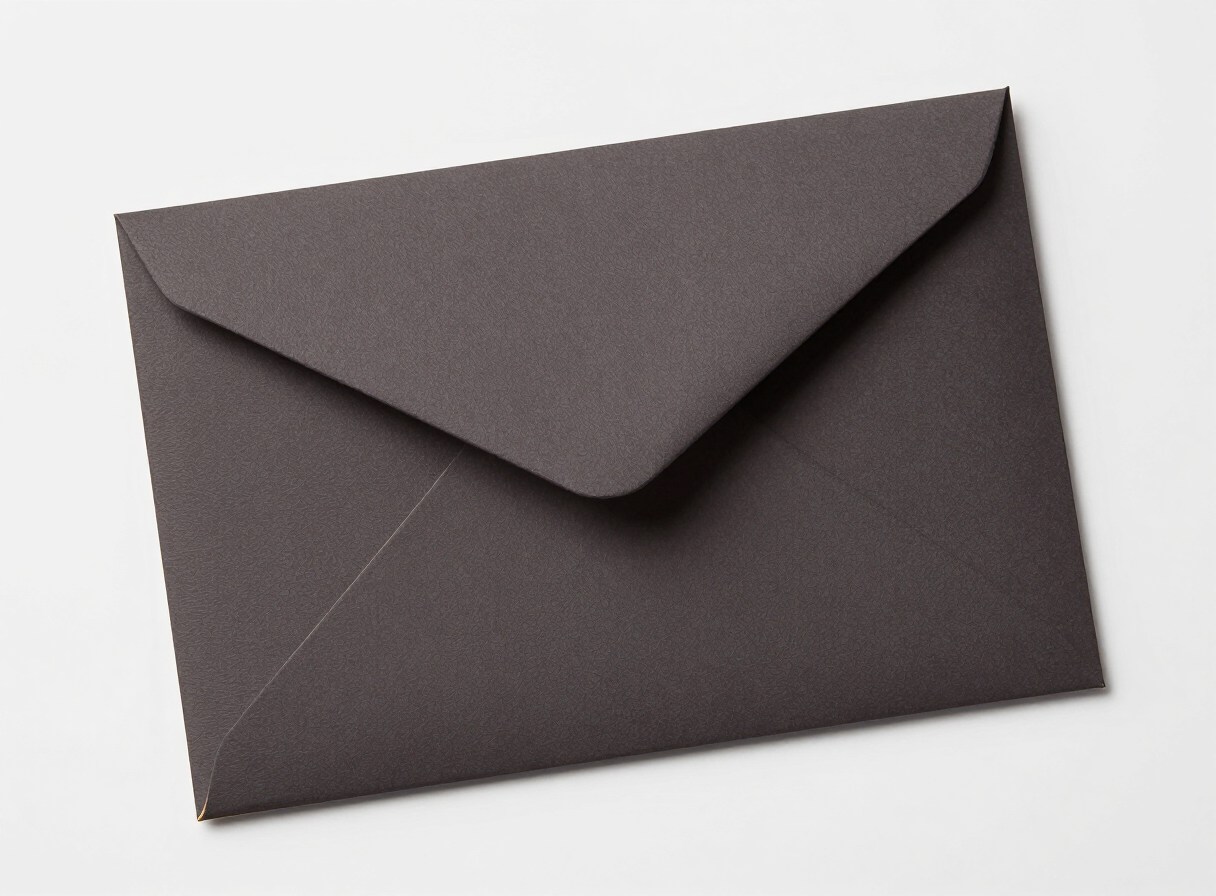 Textured charcoal envelope on a light grey ground